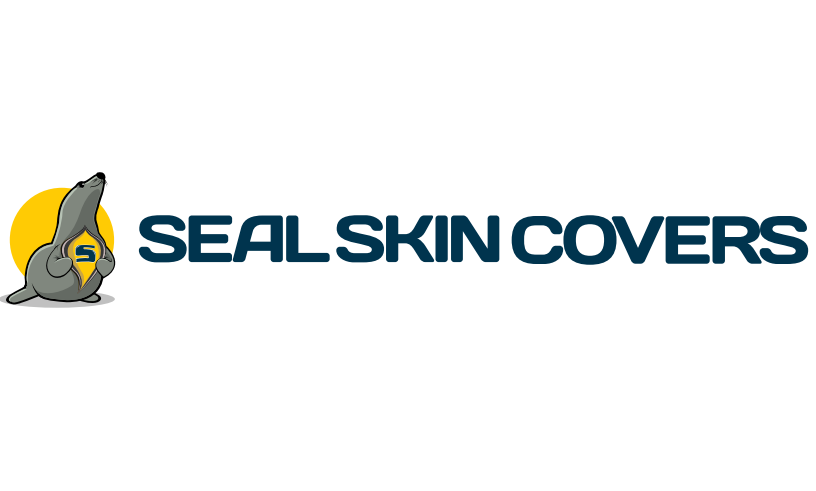 Seal with a yellow background beside the text "SEALSKIN COVERS" in bold, dark blue font, conveying a professional brand logo.