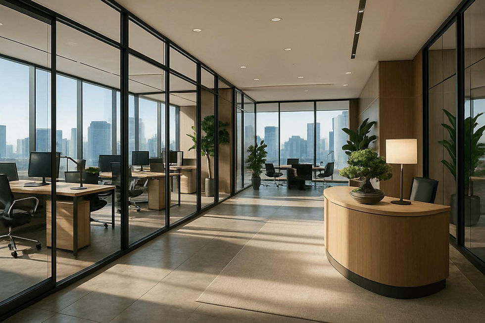 Modern office hallway with glass walls, wooden desks, and black chairs. A small reception desk with a lamp and plant. City skyline view.