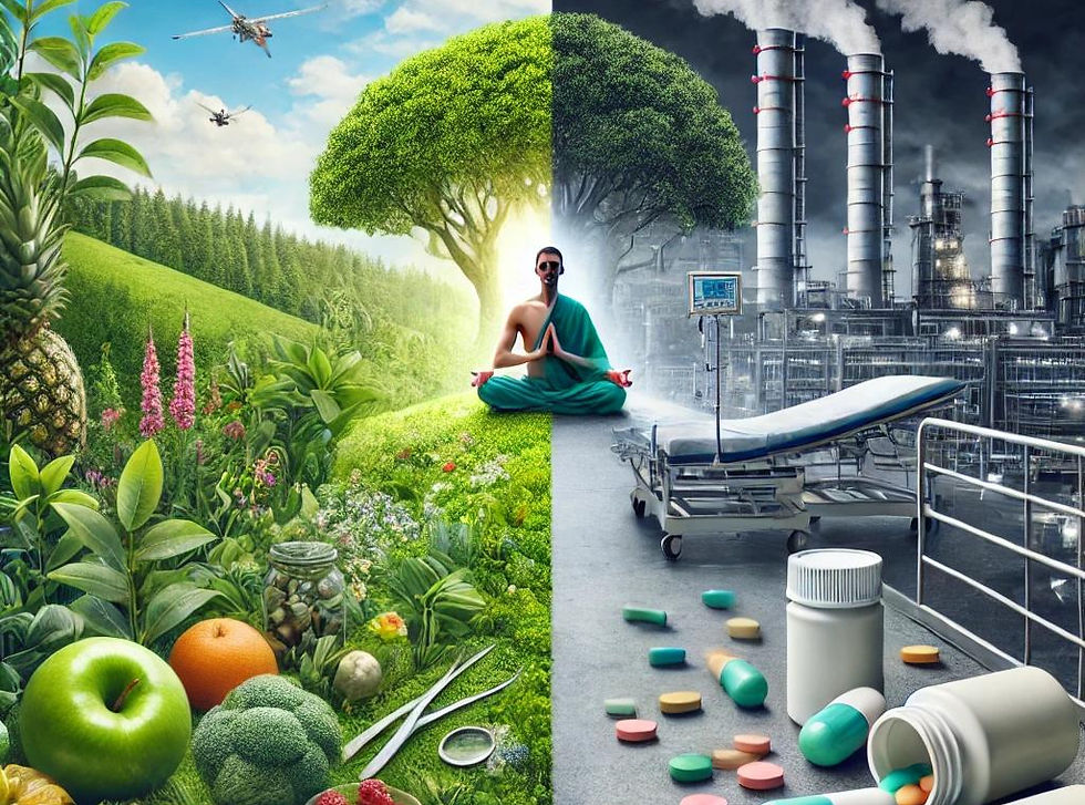 Split scene: serene nature with fruits, plants, and meditating person on left; industrial cityscape with pills and hospital bed on right.