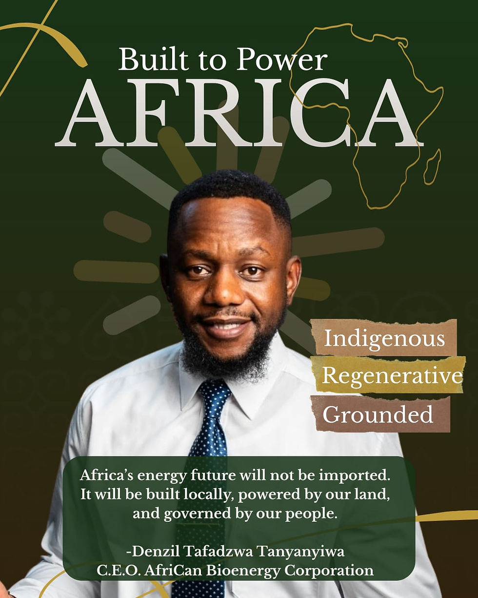Man in a tie smiles against a green backdrop with Africa map outline. Text reads: Built to Power Africa. Words: Indigenous, Regenerative, Grounded.