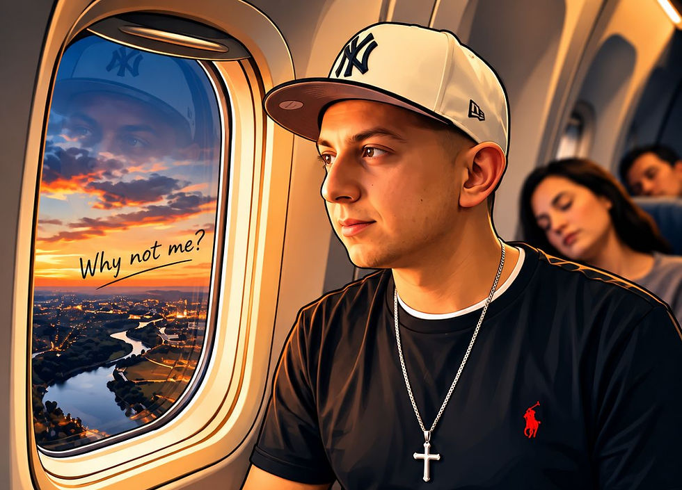 Young man in a Yankees cap sits by an airplane window at sunset; outside reads Why not me?, with other sleeping passengers nearby.