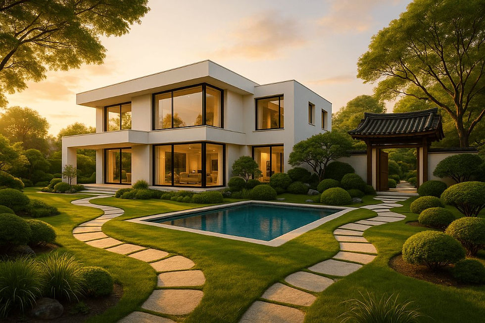 Modern white house with large windows, surrounded by lush greenery and stone paths, next to a rectangular pool. Warm sunset glow.