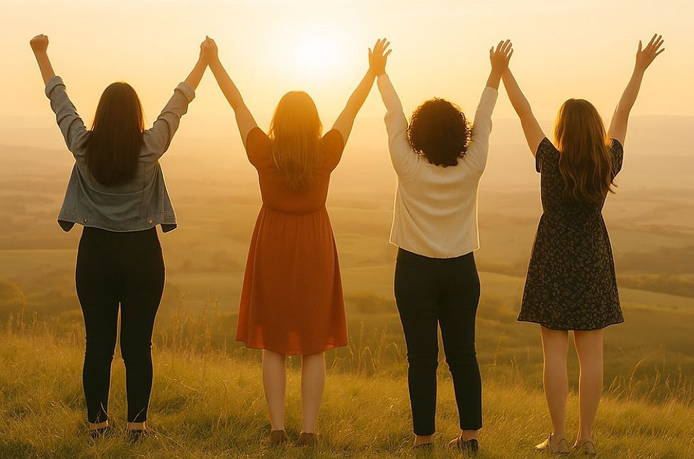 Four women stand on a grassy hill, arms raised towards a setting sun, creating a silhouette against the golden sky. Mood: joyful, serene.