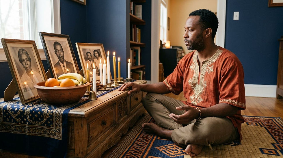 Man meditates beside a candlelit ancestral altar with framed portraits and fruit in a blue-walled room.