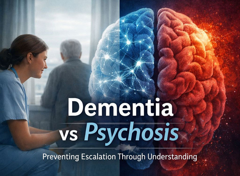 Nurse talks to an elderly man by a window. Half blue-red brain image with text: "Dementia vs Psychosis: Preventing Escalation Through Understanding."
