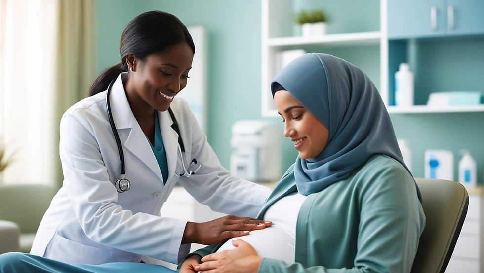 a smiling doctor examining a pregnant woman in a medical setting, conveying a sense of care and professionalism.