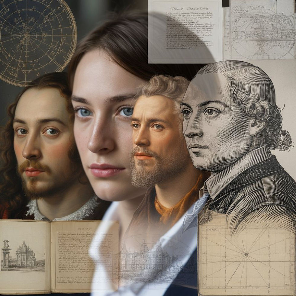 Historical and modern figures overlap in a collage. Background includes celestial charts and antique books. The mood is thoughtful.