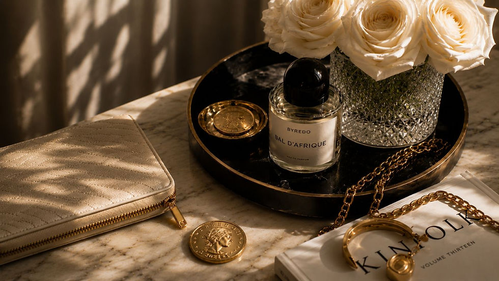 Luxury still life with BYREDO perfume, white roses, gold jewelry, and Kinfolk book on a marble table.