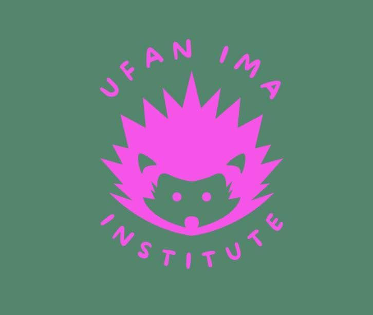 Pink hedgehog logo with text "UFAN IMA INSTITUTE" on green background. The design is bold and modern, giving a playful mood.