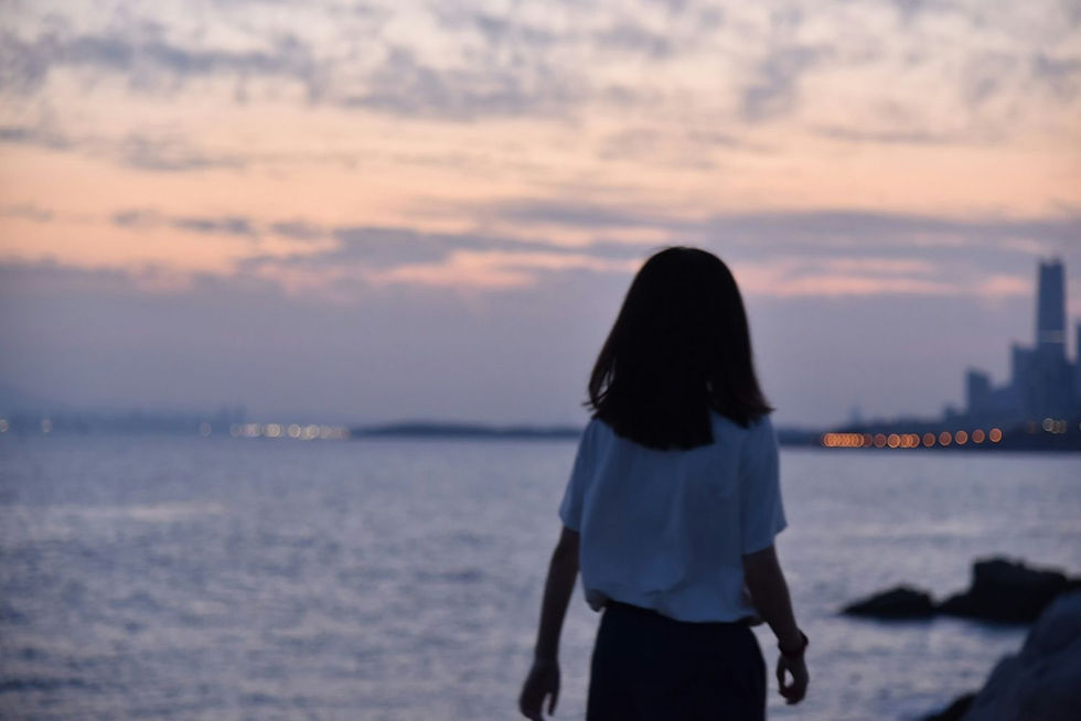 A woman stands on a shoreline at dusk, facing a city skyline. The sky is painted in pastel hues. The mood is contemplative.