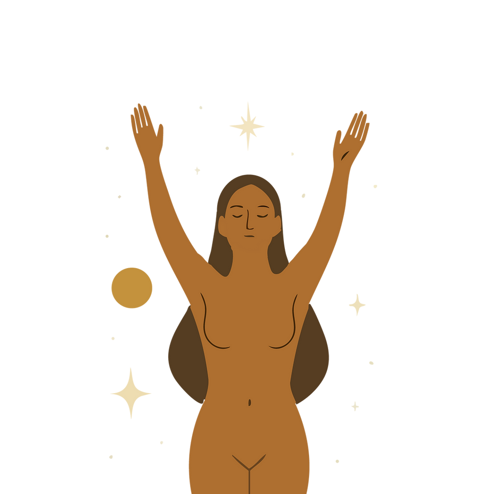 The illustration shows a serene, nude woman with her arms raised, surrounded by stars and celestial symbols, symbolizing peace, empowerment, and spiritual connection.
