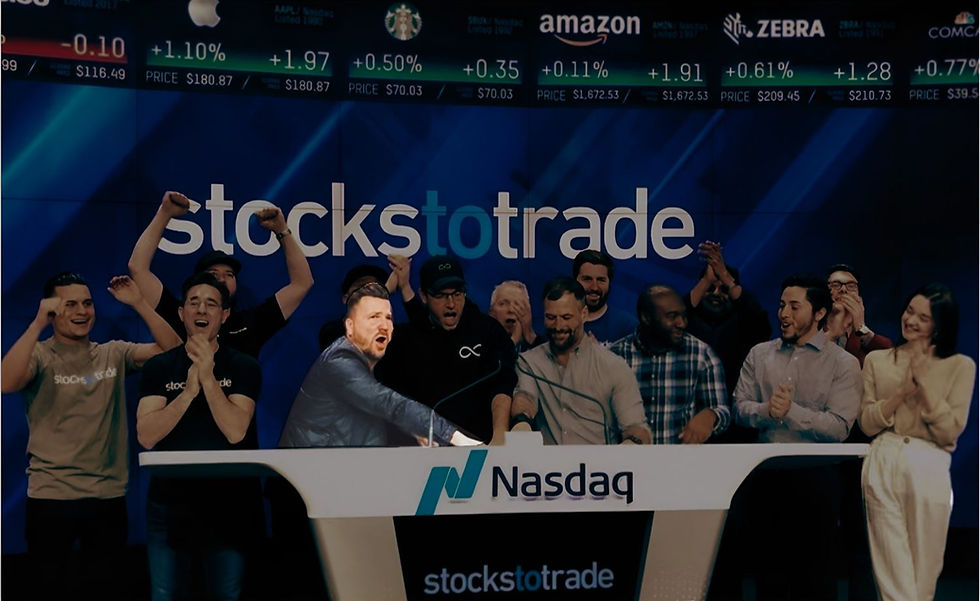Men and women celebrate at a Nasdaq podium, clapping and cheering. Background displays stock prices and "stockstotrade" branding.
