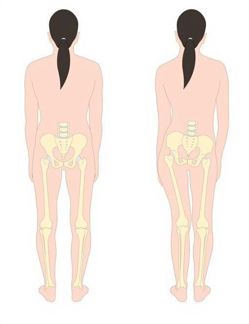 Two rear-view female body diagrams side by side, showing skeletons and pelvis/leg alignment on a white background.