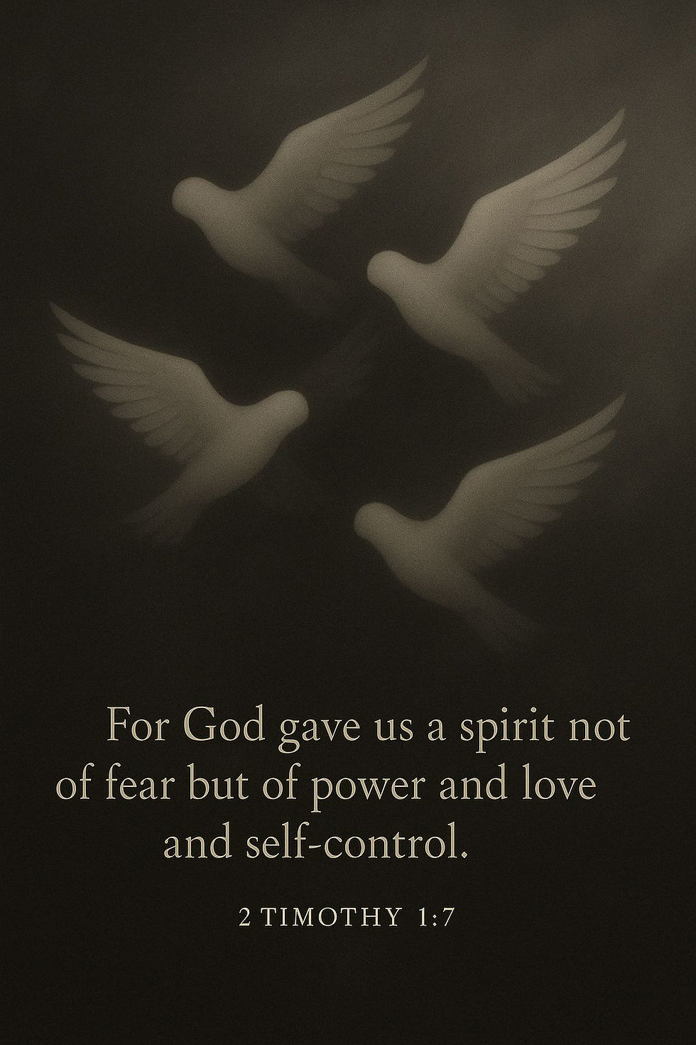 The image shows four faceless white doves in flight against a dark, misty background, accompanied by the Bible verse.