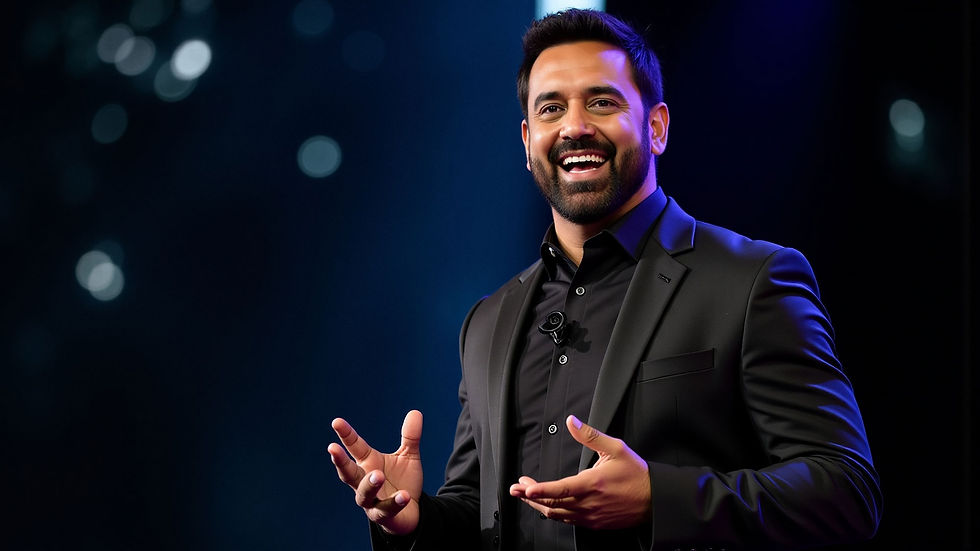 Man in a black suit speaks passionately on stage, smiling. Dark blurred background with bright bokeh lights adds a lively ambiance.