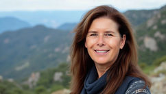 Smiling woman with long brown hair wearing a navy sweater. She's outdoors with green mountains and a blue sky in the background.