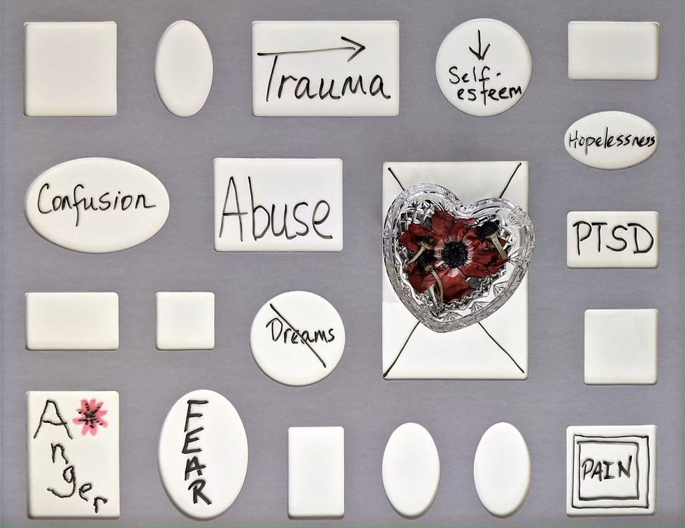 image features various white tiles with handwritten words like "Trauma," "Abuse," "Fear," "Self-esteem," and "PTSD," along with a heart-shaped element containing flowers in the center.