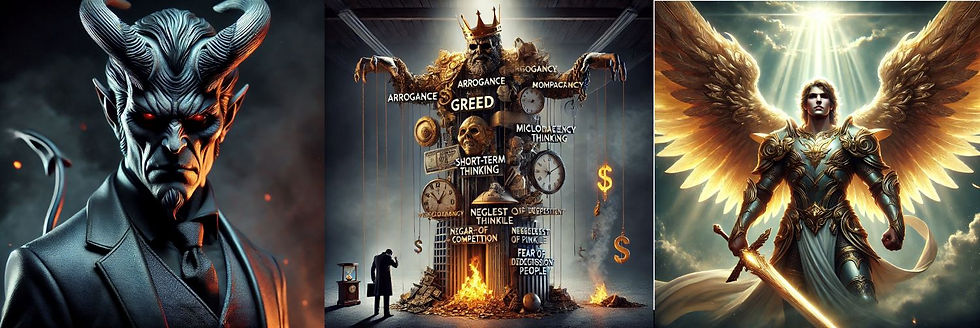 The image features three distinct panels: the left shows a demonic figure in a suit, the center displays a chaotic scene of greed and arrogance symbolized by burning clocks and dollar signs, and the right depicts an angelic warrior in ornate armor, wielding a sword and radiating light.