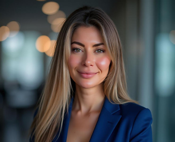Smiling woman in a blue blazer stands in a softly lit modern office, with blurred lights in the background. Warm, professional mood.