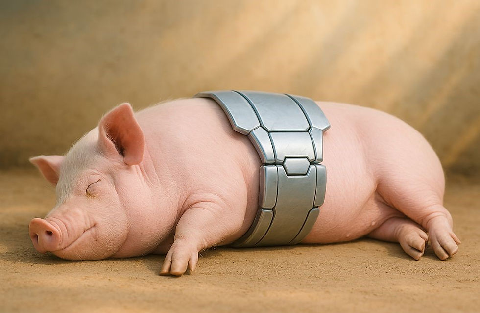 A pink pig wearing a metallic futuristic band sleeps contentedly on a sandy surface, bathed in soft light, conveying peace and comfort.