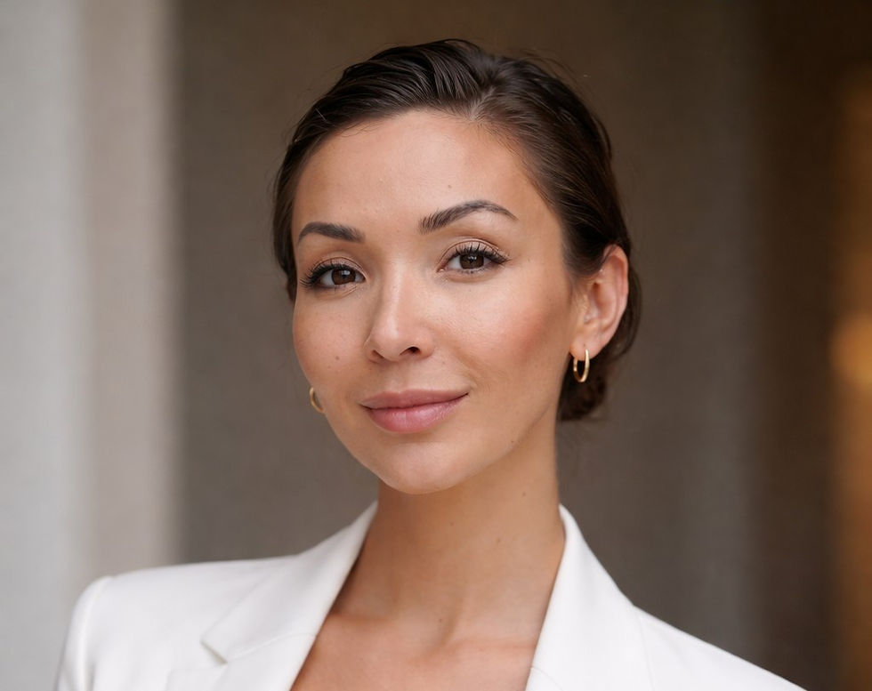 Smiling woman in a white blazer with gold hoop earrings, standing against a neutral blurred background, conveying a calm and confident mood.