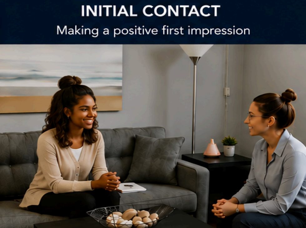 Two women smiling in a gray office lounge during a conversation; banner reads Initial Contact and Making a positive first impression.