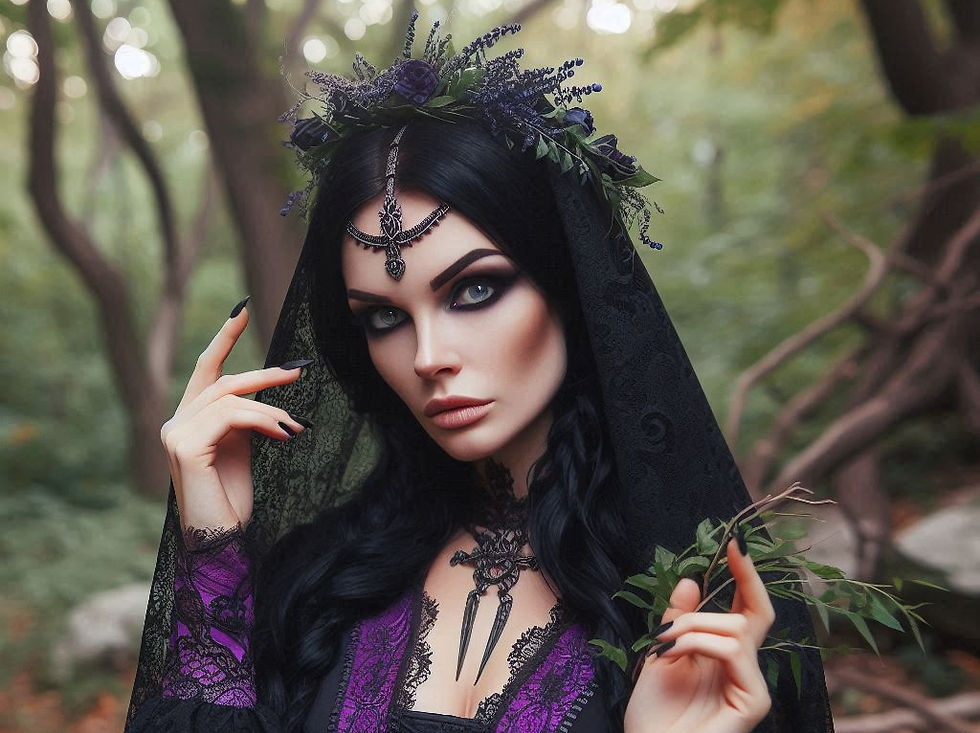a woman dressed in a gothic-style outfit, with dark makeup, a black lace veil, and intricate jewelry, standing in a forest.