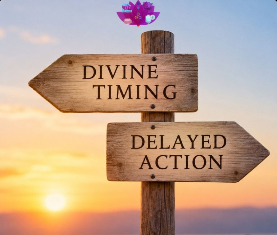 Wooden signpost at sunset with arrows reading DIVINE TIMING and DELAYED ACTION, under a warm hopeful sky.
