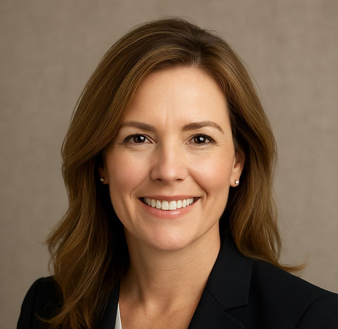 Smiling woman with brown hair wearing a black blazer, neutral background. She appears confident and approachable.