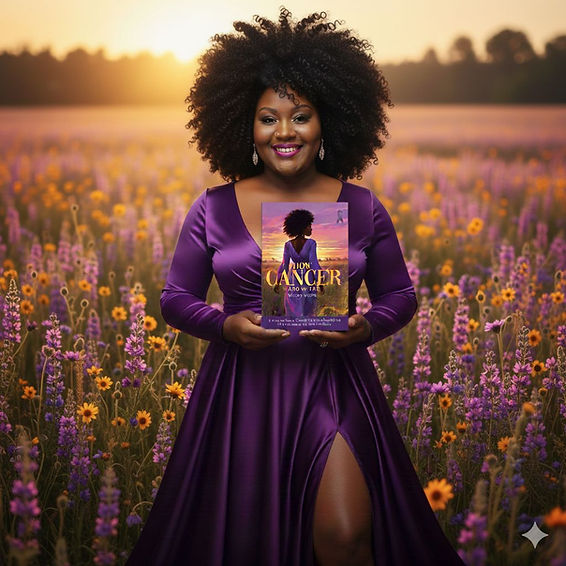 Woman in a purple dress holds a book titled "Cancer" in a vibrant flower field at sunset, smiling warmly.