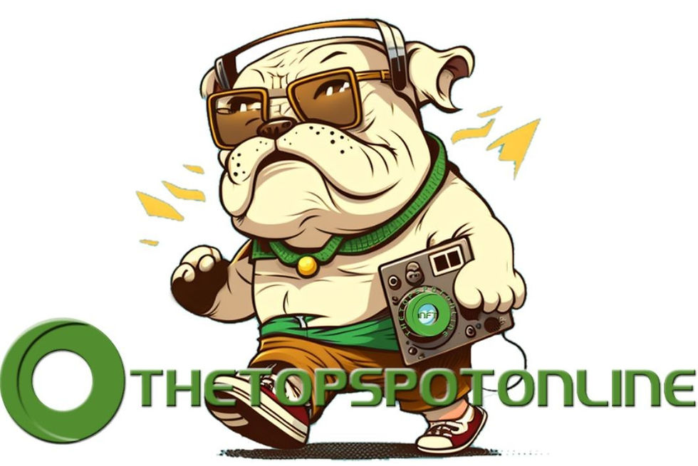 Cartoon bulldog with headphones, sunglasses, green scarf, and gold chain walks holding a boombox. Text: "THETOPSPOTONLINE". Energetic vibe.