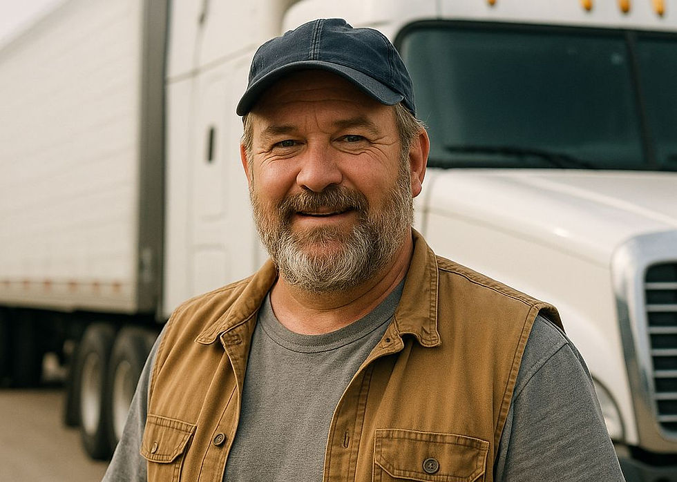 Smiling man in cap and brown vest stands in front of a white truck. Overcast sky, neutral tones create a calm, friendly mood.