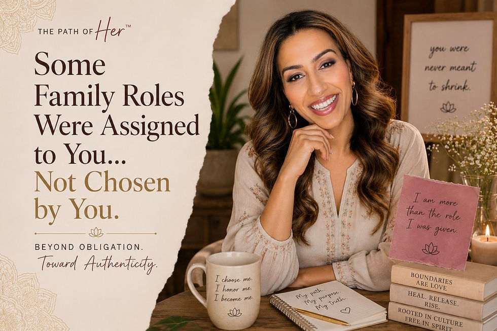 Smiling woman at desk beside self-help book stack; poster reads Some Family Roles Were Assigned to You... Not Chosen by You.