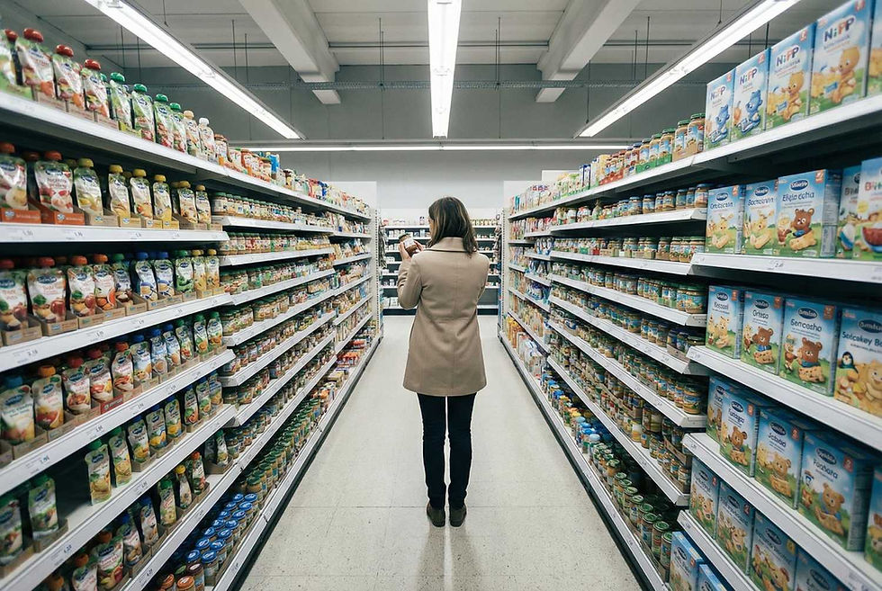 Person in a beige coat stands in a grocery aisle, surrounded by colorful baby food packages on shelves, evoking a sense of decision-making.
