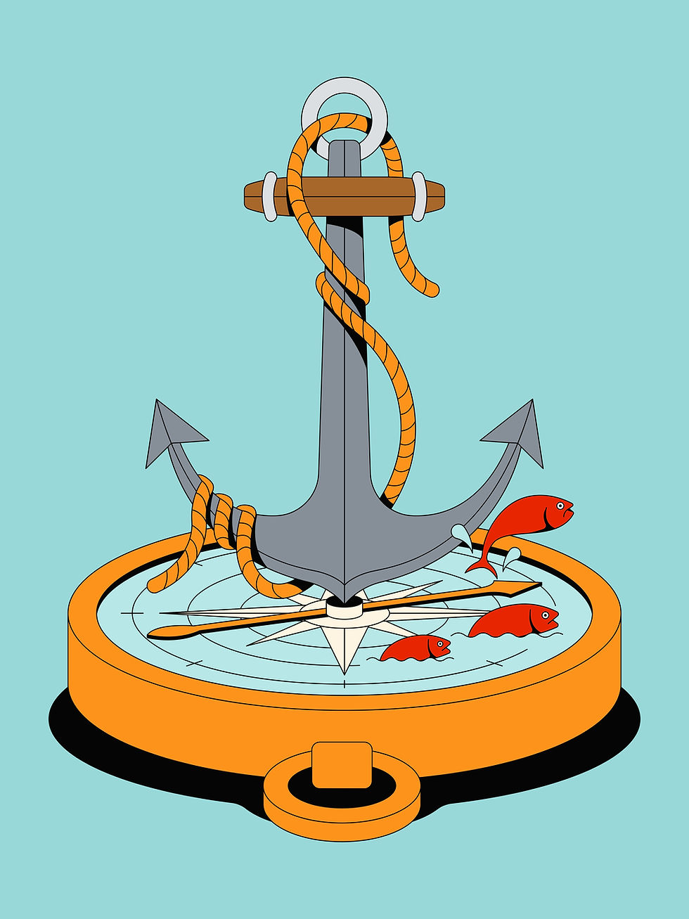 A large gray anchor with an orange rope is set on a compass base. Red fish swim around, all on a light blue background.