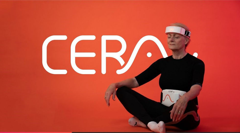 Woman meditating in black attire with white headset and belt, seated cross-legged against an orange background with "CERA" text. Calm mood.