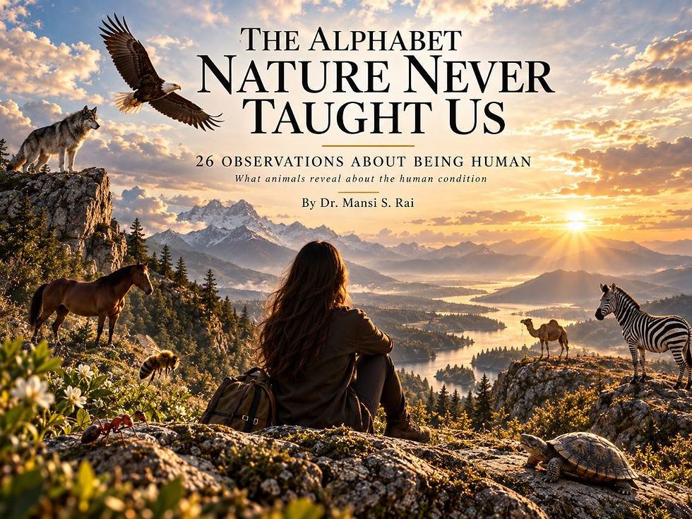 Book cover reading The Alphabet Nature Never Taught Us, showing a woman on a rocky mountain at sunrise with wild animals.