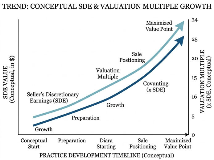 Chart of SDE value and valuation multiple rising along a practice development timeline from conceptual start to maximized value point.