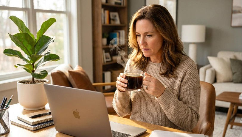 Woman in a cozy home office holds a steaming coffee beside a laptop, with a potted plant, books, and sunlit living room behind.
