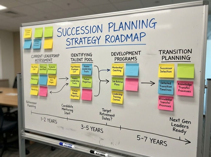 Whiteboard titled Succession Planning Strategy Roadmap with colorful sticky notes, arrows, and 1–7 year leadership transition phases.