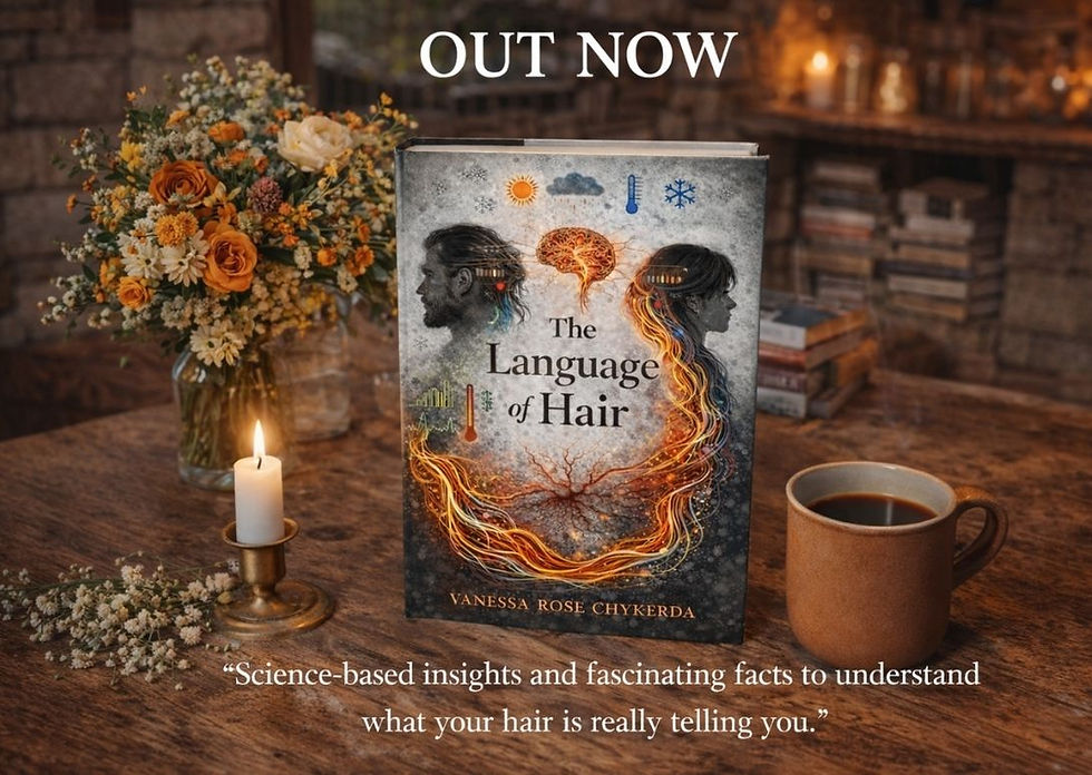 Book "The Language of Hair" on wooden table with flowers, candle, and coffee. Text reads "OUT NOW" and quote about hair insights. Cozy setting.