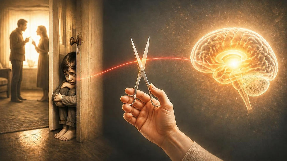 Child hides in a doorway as a glowing hand cuts a red line toward a lit brain, with a tense couple blurred in the background.