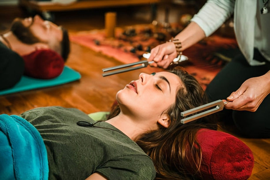 Woman lies on a mat during a sound healing session while another person holds tuning forks near her head in a calm studio.