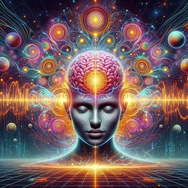 Surreal image of a human head with a glowing brain, surrounded by colorful energy waves and galaxies, evoking a sense of cosmic consciousness.