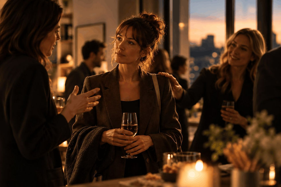 Women chat at a sunset cocktail party by a window, one holding a wine glass, in warm golden light with a city skyline behind.
