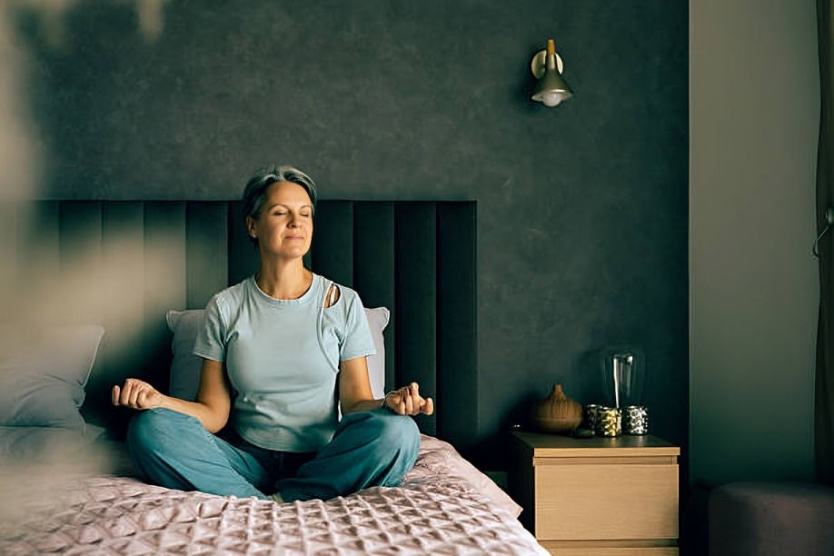 Woman meditating on a bed in a serene bedroom with dark walls and soft light. She's wearing a blue outfit and looks peaceful.