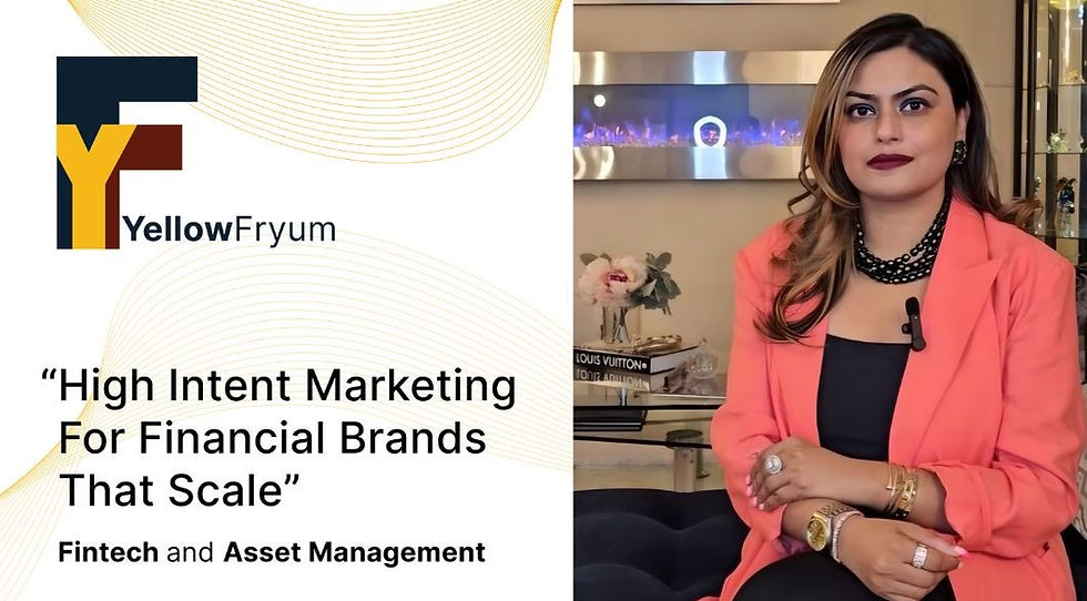Woman in pink blazer sitting in a modern setting with a fireplace. Text on left reads "Yellow Fryum" and "High Intent Marketing For Financial Brands That Scale".
