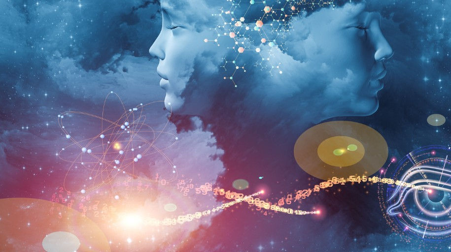 The image features two ethereal human faces emerging from a cosmic, dreamlike background. Floating molecular structures, glowing energy waves, and abstract symbols blend science and spirituality. 