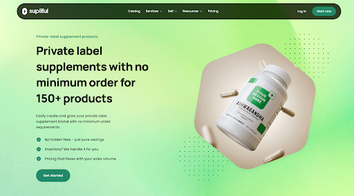 Green-themed website homepage featuring a supplement bottle. Text reads: "Private label supplements with no minimum order for 150+ products."