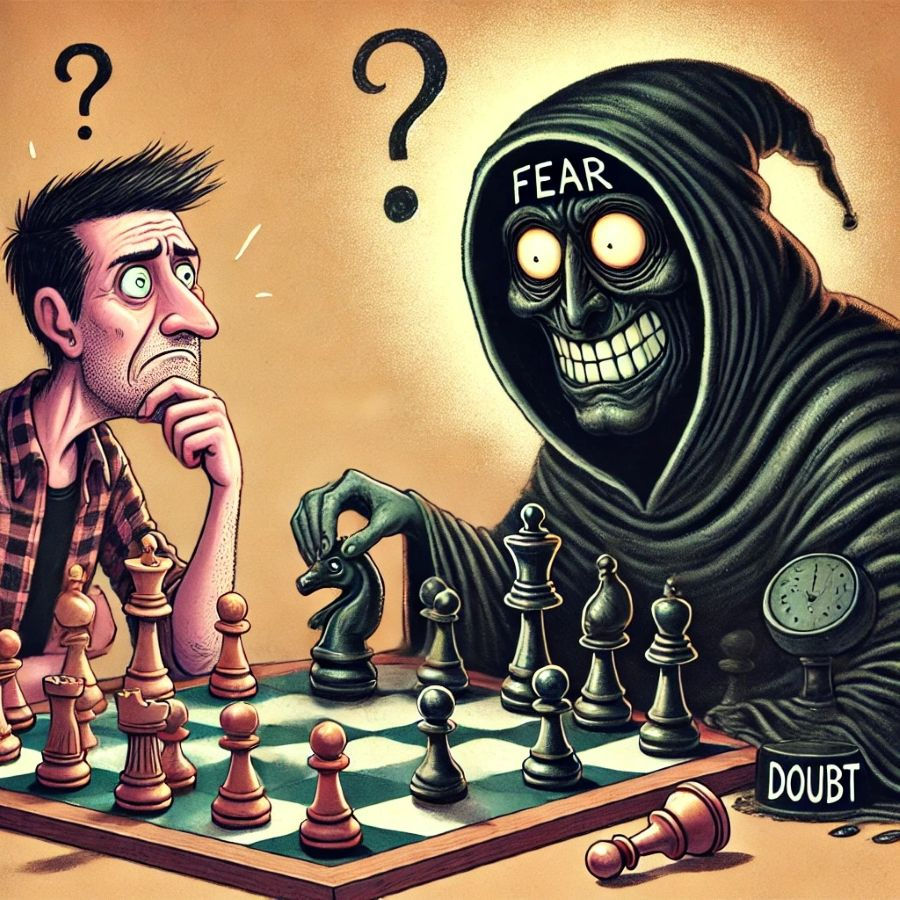 The image depicts a nervous man playing chess against a grim reaper-like figure labeled "FEAR."